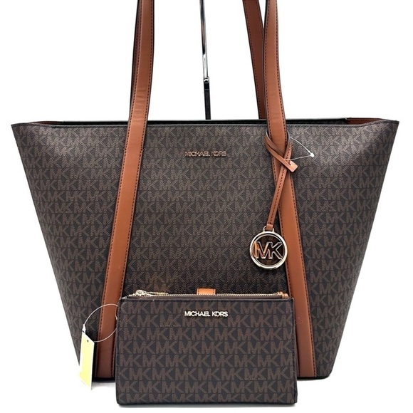 Michael Kors Handbags - Michael Kors Pratt Large Signature Logo Tote Bag & Double Zip Wallet Brown